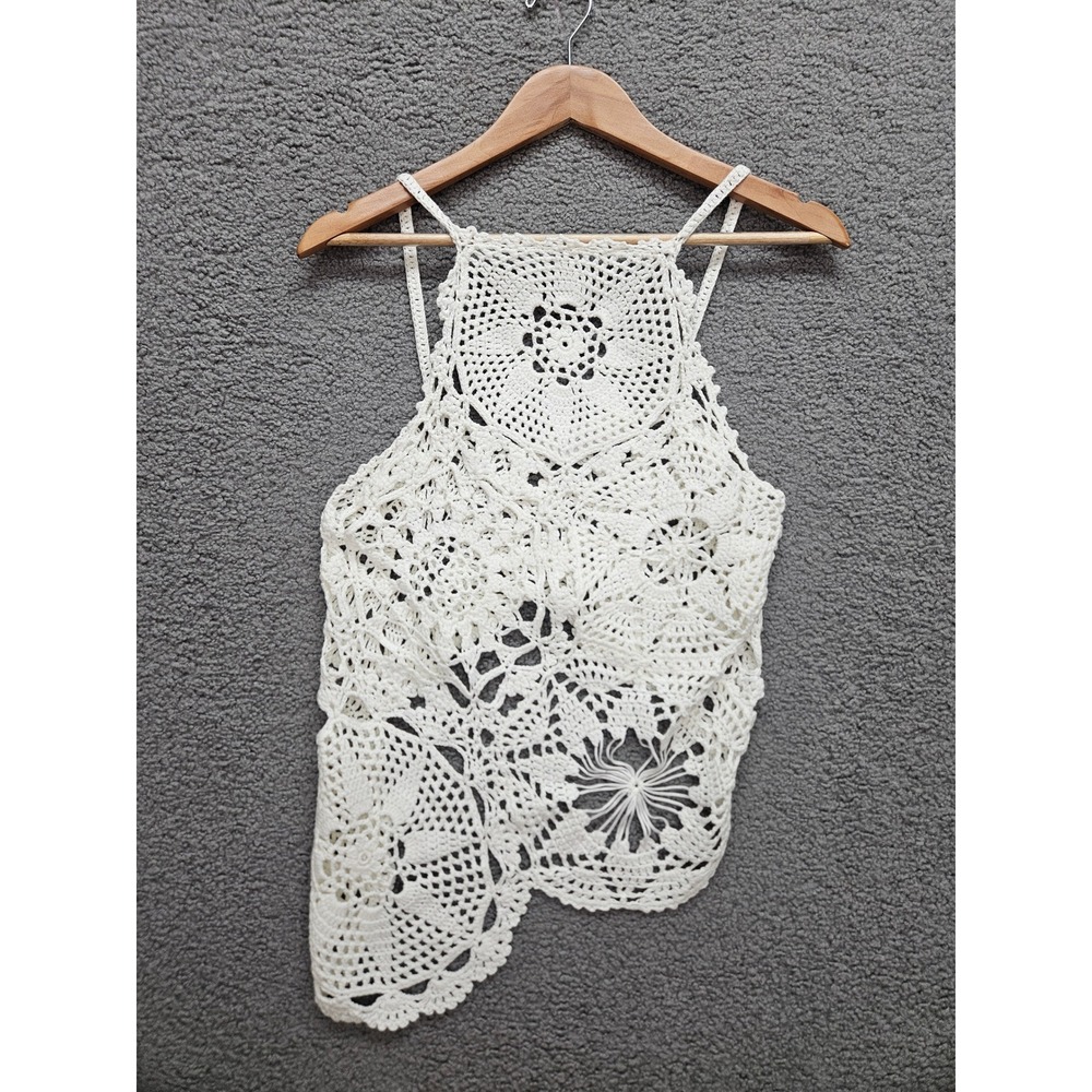 Self Contrast Crochet Tank Top S White Boho Festival Lace Asymmetrical Halter